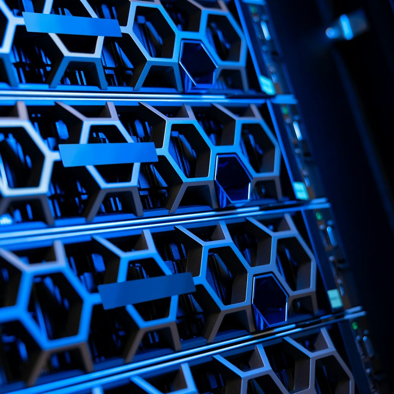 Illuminated Blue Servers In a Hyperconverged Environment In Modern Datacenter